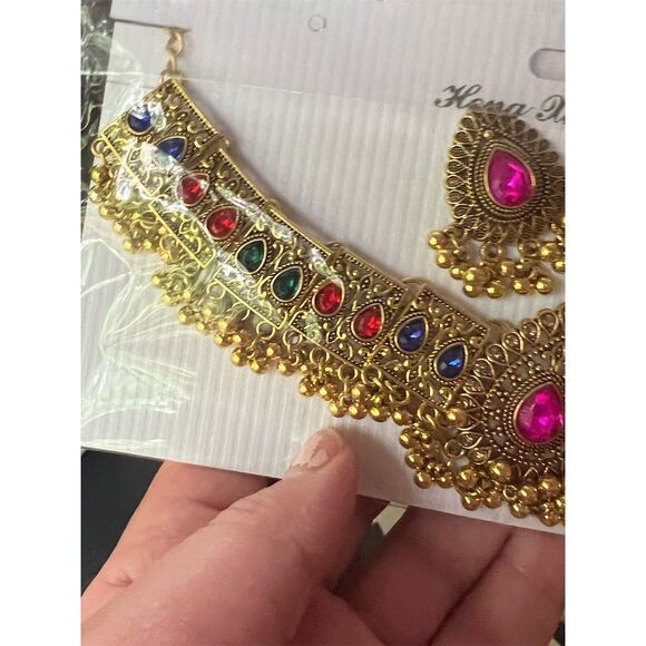 Traditional Indian Jewelry Set Necklace & Earrings Multicolored Stones - Picture 6 of 8